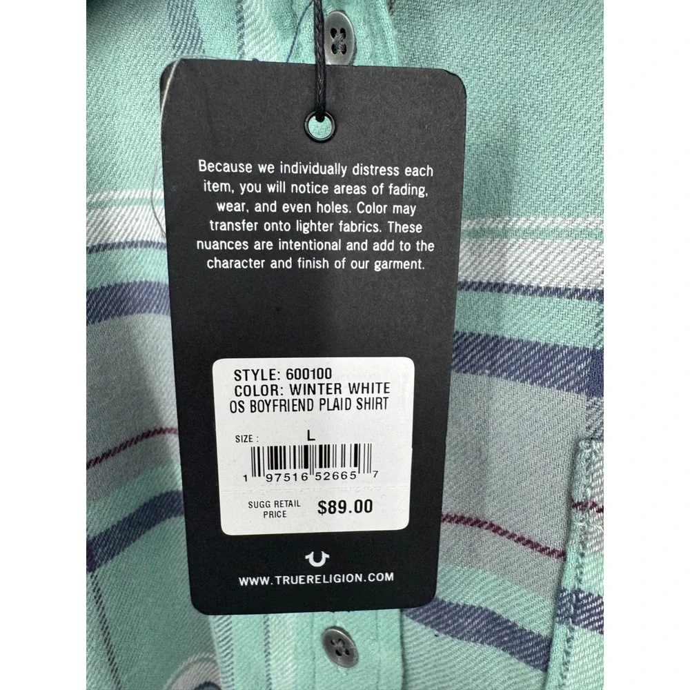 NWT True‎ Religion Western Plaid Flannel Shirt Men's Large Teal Grey Long Sleeve